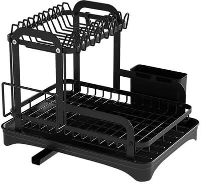 Cherrys Finds - Afdruiprek 2-Laags - Afdruiprek Keuken - Servies Droogrek - Bestekhouder - Bordenrek - Metalen Keuken Organizer - 42 x 30 x 32cm - Zwart