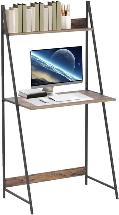 Computertafel met 2 niveaus en boekenplank, industrieel design, ruimtebesparend, zwart