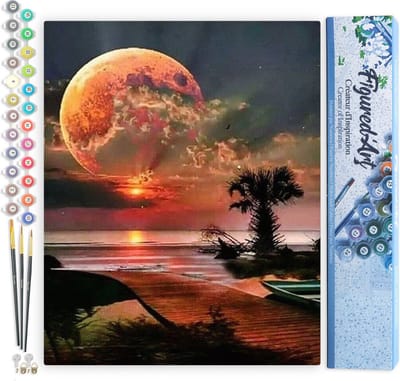 Figured'Art Schilderen op Nummer Volwassenen canvas Volle maan en strand - Handwerk acrylverf Kit DIY Compleet - 40x50cm zonder frame