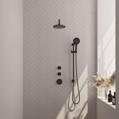 Brauer Black Carving Thermostatische Regendoucheset Inbouw - Hoofddouche 20 cm - Gebogen Wandarm - Handdouche 3 Standen - Doucheslang - Geintegreerde Glijstang - Mat Zwart