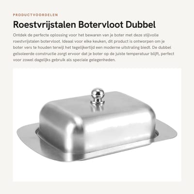 Dailygoods- Botervloot Roestvrij staal - Dubbel geïsoleerd ontwerp - Handvat - Keukenaccessoire - Eenvoudig te reinigen - Afmetingen 18,5 x 12,2 x 7 cm - Boterschotel