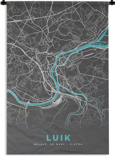 Wandkleed - Wanddoek - Stadskaart – Grijs - Kaart – Luik – België – Plattegrond - 120x180 cm - Wandtapijt