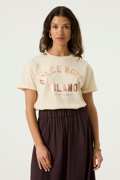 Garcia beige dames t-shirt   Ronde hals   Regular fit   Tekst patroon   Korte mouw Beige XXL