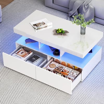 Salontafel met LED - Middentafel Koffietafel - Woonkamer Inrichten - Hoogglans Afwerking - 104 cm x 53 cm - Wit