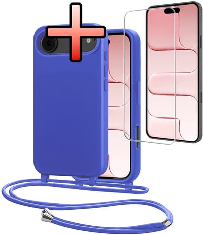 Hoes Geschikt voor iPhone Air Met Telefoonkoord Met Screenprotector - Siliconen Hoesje Backcover Met Ketting - Felblauw