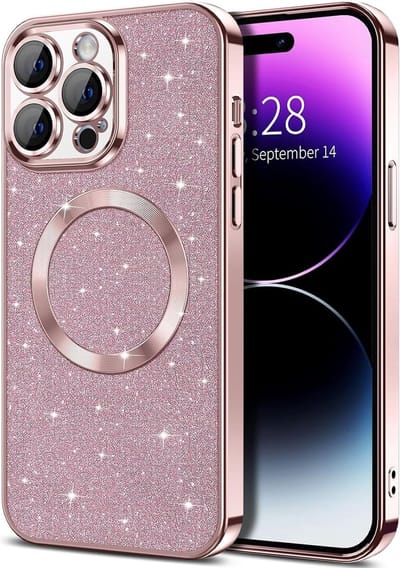 Hoesje Geschikt voor iPhone 15 Pro Magsafe hoesje Rose Goud - Lens beschermer glitter backcover