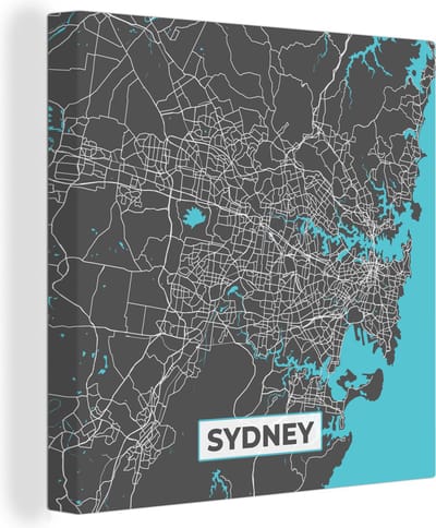 Canvas Schilderij Sydney - Blauw - Kaart - Plattegrond - Stadskaart - 20x20 cm - Wanddecoratie