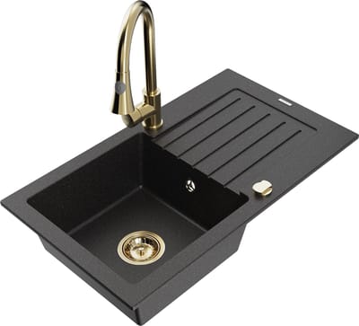 Mexen Pablo granieten spoelbak met 1 bak en afdruiprek en keukenkraan Elia, zwart/zilver metallic - 6510-73-670101-50