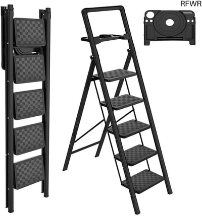 RFWR® Opvouwbare 5-Treden Ladder met Gereedschapslade – Stevig Stalen Frame, Draagvermogen tot 150 kg, Ideaal voor Thuis en Keuken
