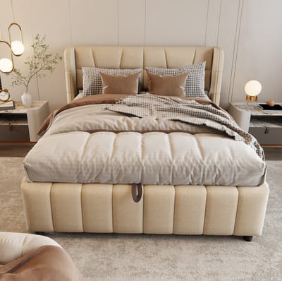 MIVRAY Gestoffeerd Bed 140x200 cm - Tweepersoonsbed Met Opbergruimte en Hefmechanisme - Zonder Matras - Stof - Beige
