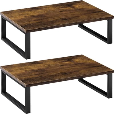 2 stuks vintage houten monitorstandaard, schermmonitorstandaard voor 2 monitoren, schermverhoger met metalen frame voor computer laptop printer notebook iMac, vintage bruin