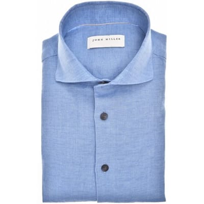 John Miller Overhemd Slim Near Solid Color Linnen Midden Blauw / male
