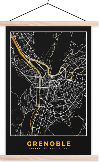 Posterhanger incl. Poster 40x60 cm - Schoolplaat - Kaart – Stadskaart – Frankrijk – Grenoble - Plattegrond - Textielposter - Blanke latten - Stadskaart