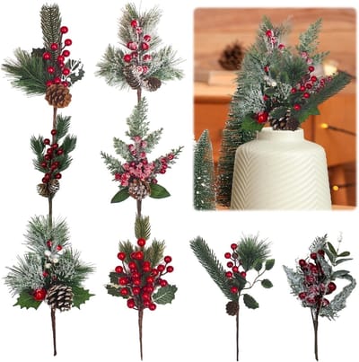 Set van 8 Kunstmatige Dennentakken met Kleine Rode Bessen voor Kerstdecoratie, Tafeldecoratie en Droogbloemen