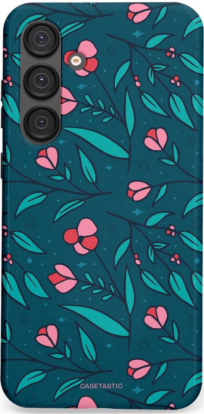 Casetastic hoesje geschikt voor Samsung Galaxy S25 Plus - Dubbellaagse bescherming - Blauwe Groene Bloemenpracht - Fashion Case - Petrol Donkergrijs