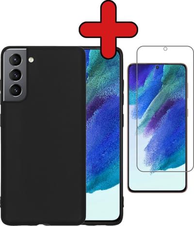 Hoesje - Met Screenprotector - Geschikt voor Samsung Galaxy S21 FE - Sterk & Shockproof - Telefoon Hoes - Back Cover - Siliconen Case - Telefoonhoes - Zwart