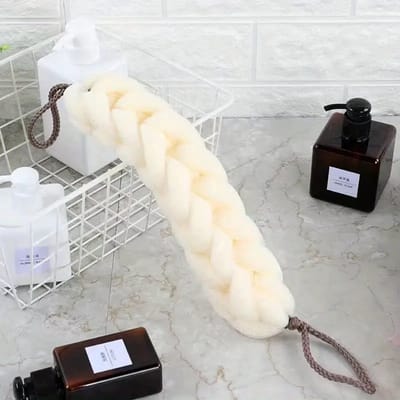 Daity 1 stuk gevlochten spons voor de rug met koordgreep - lange rekbare scrubspons voor het lichaam - gaas voor de doucherug voor mannen en vrouwen (beige)