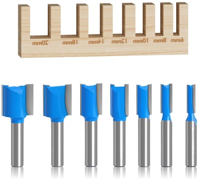 7-delige Houtfrezer Set met 8mm Shank, Rechte Groeffrezer en Dubbelzijdige Frees voor Houtbewerking