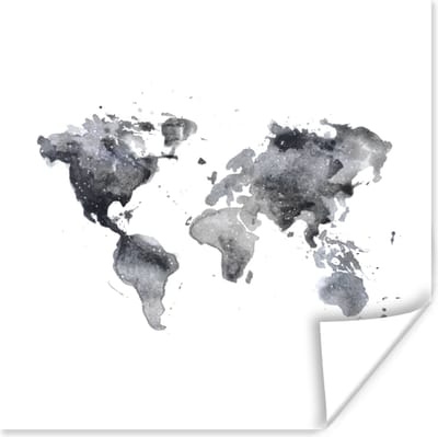 Poster 30x30 cm - Wereldkaart - Waterverf - Zwart Wit - Posters - Kamer decoratie - Wanddecoratie woonkamer - Muurdecoratie slaapkamer