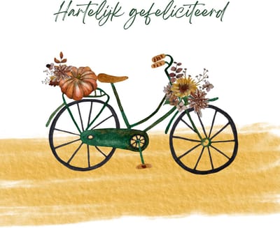 Hartelijk gefeliciteerd - Fiets met bloemen – Dubbele wenskaart 13x13 cm – Stevig 300 grams wit papier – Inclusief kraftkleurige envelop – FSC