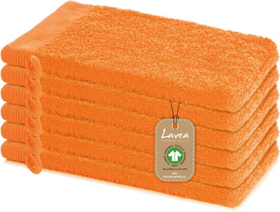 Lavea® 6 Washandjes 16 x 22 cm van 100% biologisch katoenen badstof, zacht en absorberend, voor thuis, hotel en spa – met ophanglus – Oranje