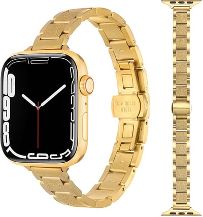 Stravo Slank RVS Horlogebandje met Glinsterende Details – Geschikt voor Apple Watch 42mm (Series 11/10), 41mm (Series 9/8/7), 40mm (Series 6/5/4, SE 1/2/3), 38mm (Series 3/2/1) – Premium RVS Horlogeband – Goud