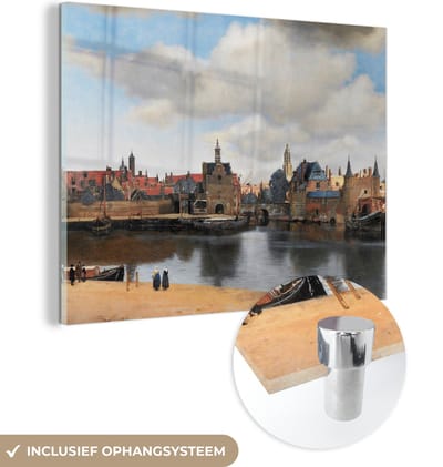 MuchoWow® Glasschilderij 120x90 cm - Schilderij acrylglas - Vermeer - Stad - Oude meesters - Kunst - Foto op glas - Schilderijen