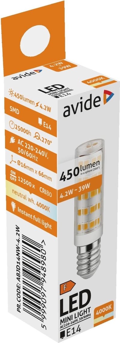 Avide LED Buislamp E14 4.2W 220-240V - 4000K - 450lm - LED Lamp - Wit licht - Vervangt 40W lamp