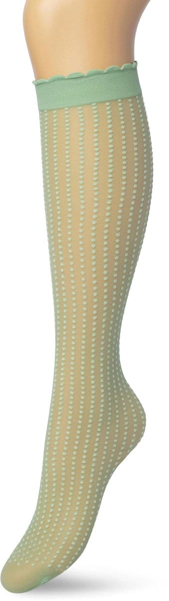 Bonnie Doon Dames Panty Kniekousen met Stippen Groen maat 36/42 - Gestipte Knie Kousen - Luxe Knie Sokken - Uitstekend draagcomfort - Batik Dots Knee High - Kniesokken - Stipjes - Zakt niet af - Evening Primrose - BP211501.222