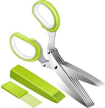 EXCITAT Schaar - Keukenschaar - Keukenschaar voor groenten - Bieslookschaar - met reinigingskam en veiligheidshoes - voor kruiden, bieslook - 5 messen