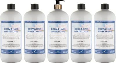 Body & Hair White Lotus 1 liter met gouden pomp - set van 5 stuks - 2 in 1 voor lichaam en haar - voordeelverpakking