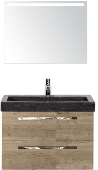 Seville Badmeubelset 80 cm - Natuur Eiken - Wastafel Hardsteen Wit Lucca met Sence Spiegel