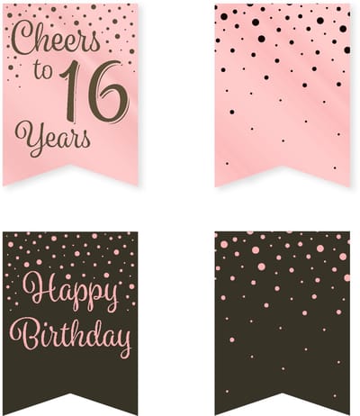 Q2P - 16 Jaar Versiering - Slingers - Verjaardag Versiering - Decoratie - Rose Goud & Zwart - Sweet sixteen - 1 Stuk