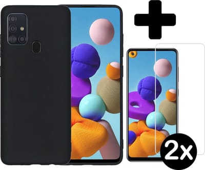 Hoesje - Met 2x Screenprotector - Geschikt voor Samsung Galaxy A21s - Sterk & Shockproof - Telefoon Hoes - Back Cover - Siliconen Case - Telefoonhoes - Zwart