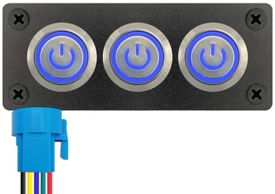 ProRide Metalen drukschakelaar 220V ON-OFF - Inbouwpaneel drievoudig - 22mm - IP67 - LED indicatie Blauw