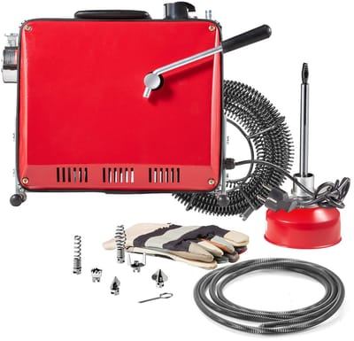 Elektrische Pijpreinigingsmachine, 390 W, 1400 tpm, Rioolreiniger met 12 m X 16 mm en 8 M X 9,5 mm Veerkabel, 4,5 m X 16 mm Flexibele Veer, 6 Snijbladen, Geschikt voor Leidingen van 50–110 mm Diameter