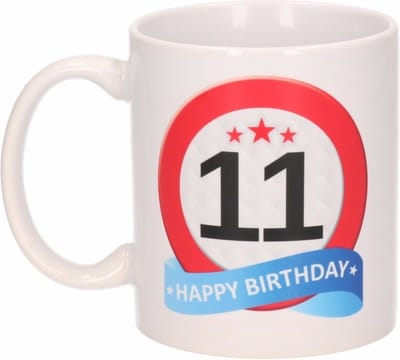 Beallatio Decorations - 11 jaar Verjaardag koffiemok - cadeau beker - stopbord print met happy birthday - 300 ml - keramiek - wit