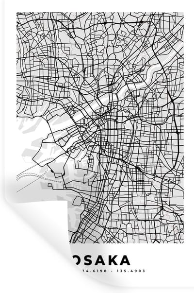 Muurstickers - Sticker Folie - Osaka - Stadskaart - Zwart Wit - Plattegrond - Kaart - 20x30 cm - Plakfolie - Muurstickers Kinderkamer - Zelfklevend Behang - Zelfklevend behangpapier - Stickerfolie