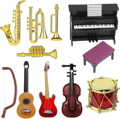 11-delige Set Miniatuur Muziekinstrumenten voor Poppenhuis Schaal 1:12 - Piano, Gitaar, Viool & Meer