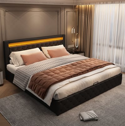 MEUNIQ Polsterbed 180 x 200 cm met lattenbodem, opbergruimte en LED-verlichting, tweepersoons bedframe voor slaapkamer of logeerkamer, zwart kunstleer