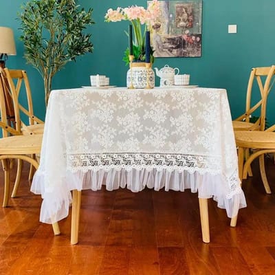 Semi-transparant Wit Kant Tafelkleed Geplooide Chiffon Zoom Ronde Tafelkleed Wasmachine Bureau Decoratie Rechthoekige Handdoek 85x85cm 1pcs white