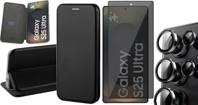 Hoesje geschikt voor Samsung Galaxy S25 Ultra - Privacy Screenprotector Volledig Dekkend Glas & Camera - Wallet Book Case Zwart