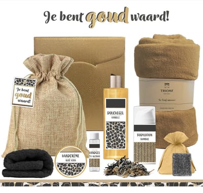 Geschenkset “Je bent goud waard!” - 8 producten - 1070 gram | Luxe Cadeaubox voor haar - Cadeau Bedankt - Verjaardag - Giftset Vriendin - Collega - Zorgwerk Vrijwilliger - Cadeaupakket Moeder Moederdag - Kerstpakket Kerst Cadeau - Panter Goud Zwart