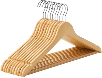 Houten Kleerhangers Set van 10 – Massief Houten Jashangers met Antislip Inkepingen en 360° Draaibare Haak – Geschikt voor Jassen, Overhemden en Kleding – Naturel