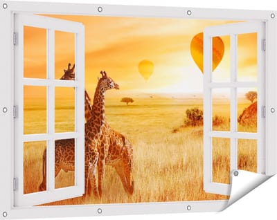 Gards Tuinposter Doorkijk Twee Giraffen met Twee Oranje Luchtballonnen - 120x80 cm - Tuindoek - Tuindecoratie - Wanddecoratie buiten - Tuinschilderij