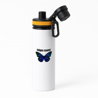 Hacebo® - blauwe vlinder met eigen naam waterfles met draaidop oranje - Vlinder - dieren liefhebber - iemand die houdt van vlinders - verjaardag - cadeau - kado - geschenk - water fles - 850ML