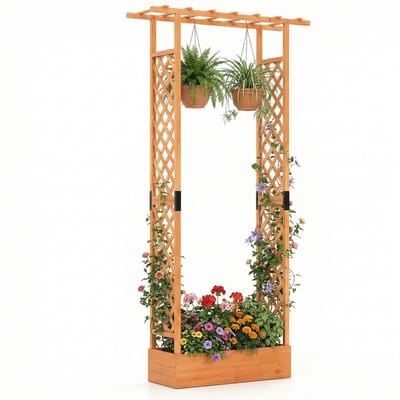 COSTWAY Bloembak met klimrek, plantenbak met klimhulp en hangend dak, verhoogd bed voor klimplanten en hangmanden, privacyscherm, voor tuin, erf, terras (110x35x227 cm, Oranje)