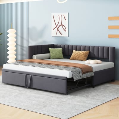 STILVORA Slaapbank 90x200cm – L Vorm Met Uittrekbed Tot 180x200cm – Push Pull Mechanisme – Zonder matras – Voor Kinderkamer Of Logeerkamer – Fluweel – Grijs