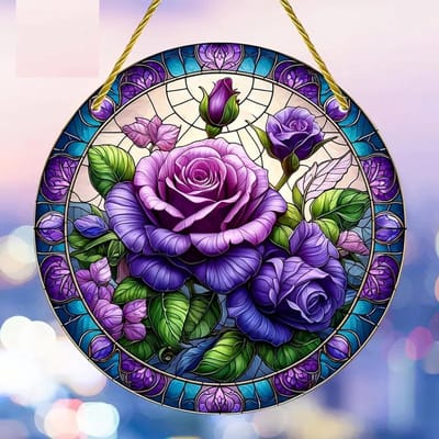 Paarse Roos Zonnevanger - Glas-in-lood Raamdecoratie - Huis Verfraaien - Handgemaakt Glas-in-lood - 15x15 cm - Meerkleurig