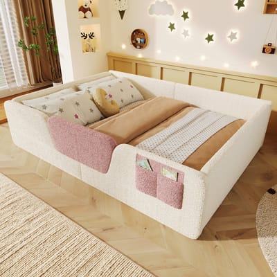 MODFU Kinderbed 140x190 cm – Met Afneembare Zijhekken & Opbergtas – Gestoffeerd Fluweel – Beige – Peuterbed